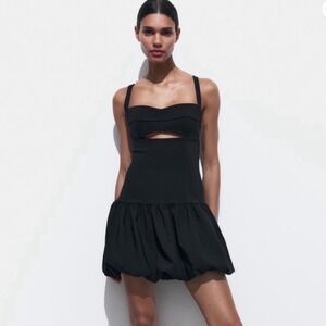 NWT Zara Cutout Bubble Hem‎ Mini Dress Womens Black Small Coquette Party Paris